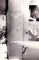 #03 Notice that these are exit wounds inflicted on Outlaw 15 by the 25th ID doorgunner while he was cleaning an M2 for one of our pilots. According to Bob Lay, the M2 belonged to Captain John Glenn and the gunner may have been Paul Wintworth. The incident occured while we were on the ground at An Khe, probably supporting an ARVN operation in Pleiku. It was most likely July or August of '65, prior to the arrival of the 1st Cav. The gunner is shown in picture #17 below - can anyone confirm that this is Paul? 
 
